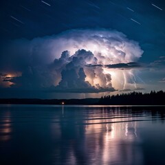 Calm yet intense...the amazing power of nature depicted in a lightening storm over a calm lake.
