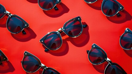 Pattern of old-fashioned sunglasses flat-laid against a red background, creating a stylish and nostalgic image.