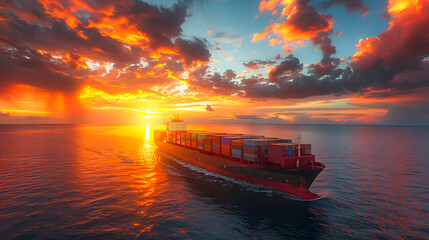 Obraz premium A cargo ship sails across the ocean at sunset, with a vivid sky filled with dramatic clouds and vibrant colors reflecting on the water.