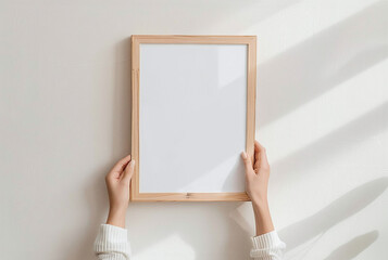 Wooden blank vertical frame in hands of woman. Minimalistic frame mockup for prints and poster.