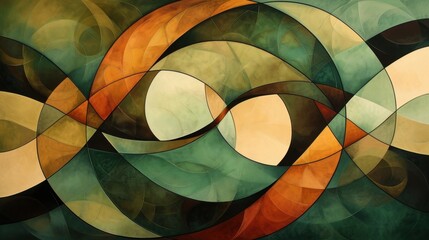 Fototapeta premium Abstract artwork featuring intertwined circular shapes in muted greens, browns, and oranges, offering a retro yet timeless aesthetic.
