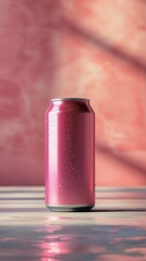 mockup for a tin can with a drink on a minimalist bright background. copy space. pink color can on pink background