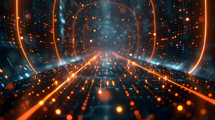 Futuristic digital matrix tunnel with glowing orange and blue lights, portraying technology, speed, and innovation in a virtual space.