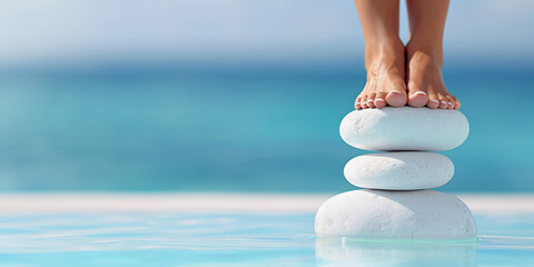 Close-up of feet balancing on a stack of white stones with a serene ocean in the background. The image emphasizes balance, tranquility, and a peaceful coastal setting.
