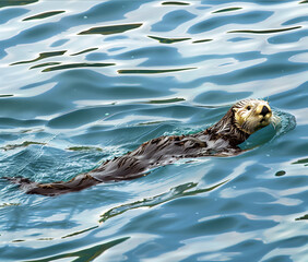 Fototapeta premium Sea otter swimming and floating on water surface.