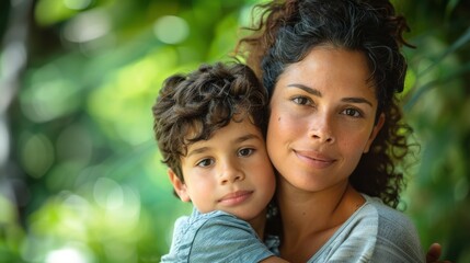 Fototapeta premium Emotional moment of a mother embracing her son against a green backdrop, symbolizing love and family bonds.