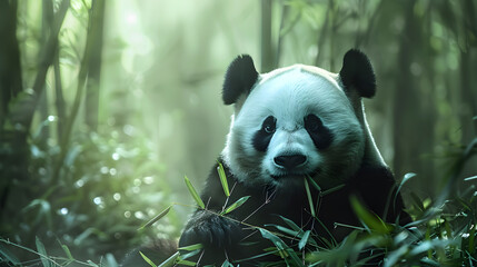 A peaceful panda munching bamboo in a lush, serene forest, captured using natural light photography. Ideal for nature and wildlife themes. Includes copy space.