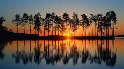 Obraz premium Serene lakeside scene at sunset, with silhouettes of trees reflected in still waters, capturing the tranquil beauty of nature