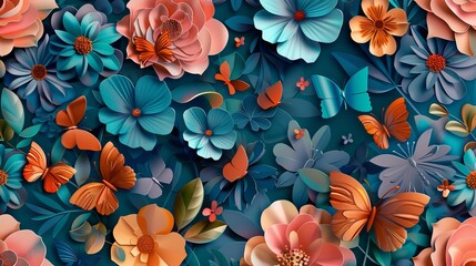 AI-Generated Seamless Pattern Design with Paper Art Style Colorful Florals and Butterflies