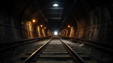 Fototapeta premium Dimly Lit Railway Tunnel with Vanishing Point Perspective