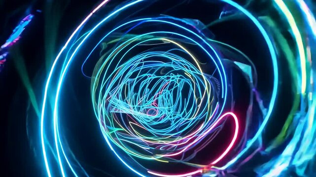 Abstract Neon Light Tunnel with Vibrant Colorful Spirals