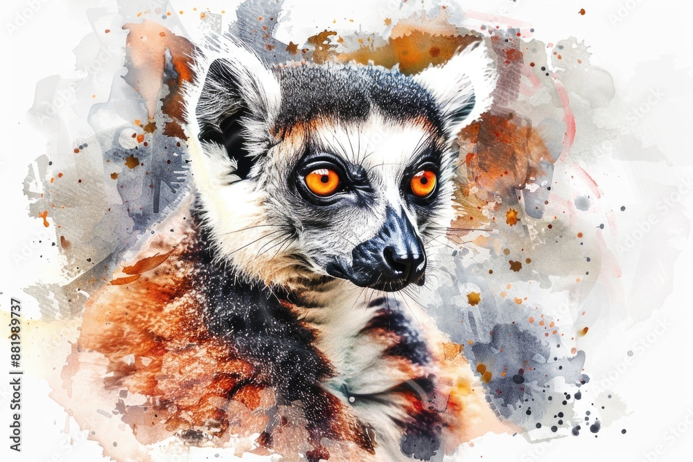 Poster A colorful portrait of a ring-tailed lemur, featuring its distinctive tail and face