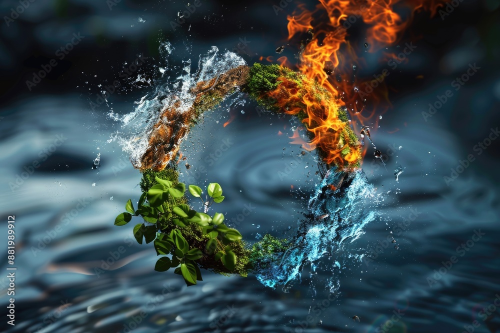 Poster A decorative ring featuring intertwined flames and water elements surrounded by leaves, ideal for use in editorial or commercial contexts where nature and element themes are relevant