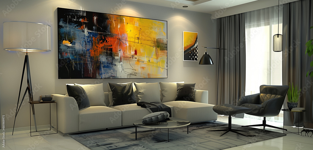 Wall mural A chic living room showcasing sleek furniture, minimalist decor, and a prominent abstract painting on the wall, accented by warm lighting.