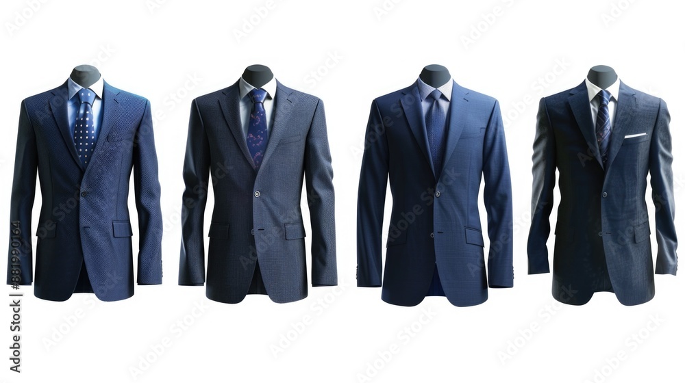 Poster mannequins dressed in different men's suits for fashion display or modeling purposes