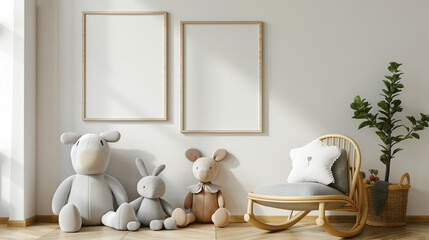 Bright children's room corner with stuffed animals, wicker chair and blank frames