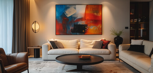 A chic living room showcasing sleek furniture, minimalist decor, and a prominent abstract painting on the wall, accented by warm lighting.
