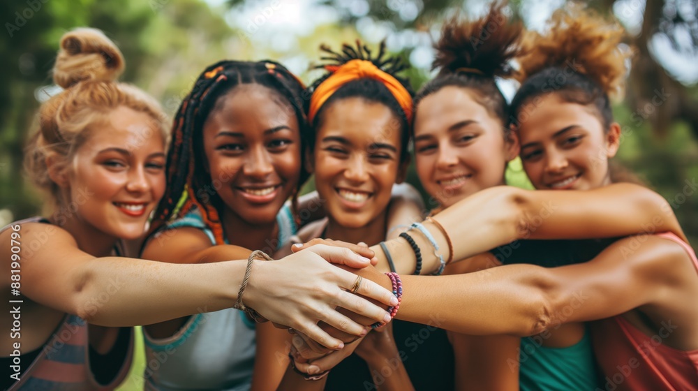 Wall mural Diverse group of joyful young women with linked hands in a park, celebrating friendship.