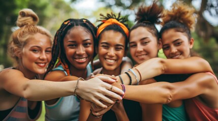 Diverse group of joyful young women with linked hands in a park, celebrating friendship.