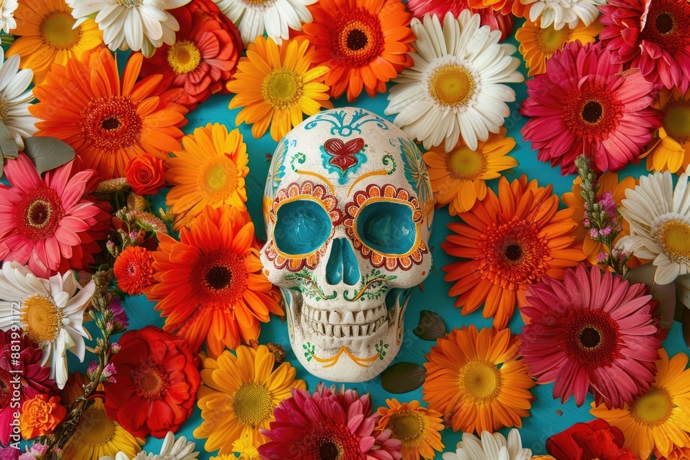 Wall mural sugar skull with flowers