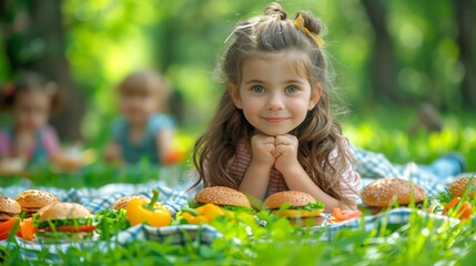 A young child enjoying a summer picnic surrounded by sandwiches, fresh fruits, and juice in a sunlit park with lush greenery.