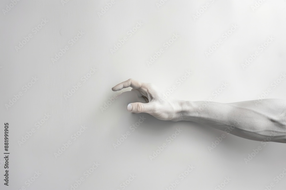 Poster a hand stretching out to grasp an object on a clean white surface