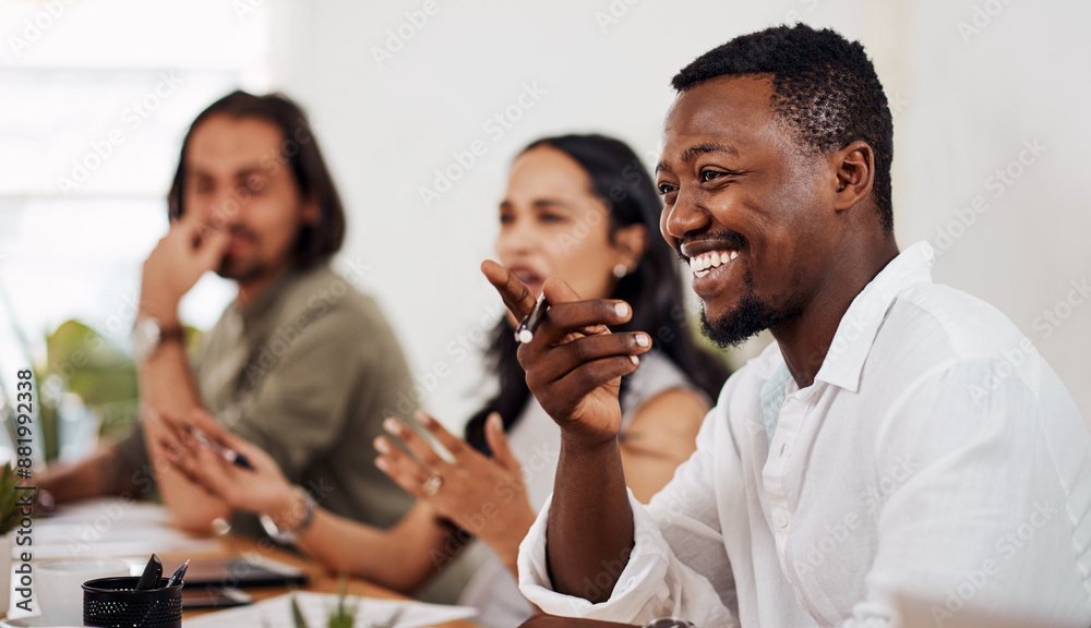 Wall mural Diversity, brainstorming and happy man in office for business meeting, teamwork and planning for project. People, smile and discussion in conference room for agenda, ideas and collaboration or career