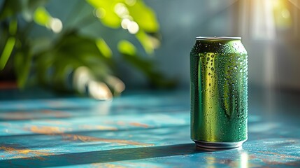 mockup for a tin can with a drink on a minimalist bright background. copy space. green color can on green background