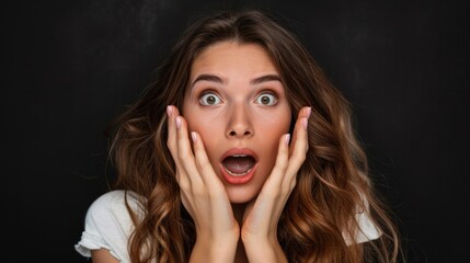 Beautiful excited blonde female covers eyes with happiness, doesnt expect to recieve pleasant surprise from close friend, being thankful and pleasantly shocked, isolated over black background