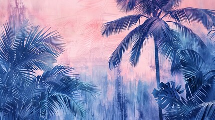 Watercolor Tropical Plants and Palm Trees Background - AI Generated Illustration for Textures and Wallpapers