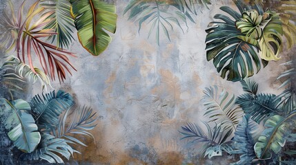 Naklejka premium Vibrant Tropics Art Drawing on Textured Background - Decorative Photo Wallpaper for Interior Design