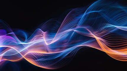Fototapeta premium Vector illustration of abstract light lines as dynamic flowing waves in blue, orange, purple colors, isolated on black background for the concept of energy, electricity.