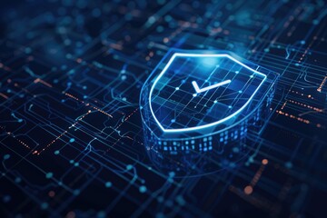 A close-up image of a shield mounted on a circuit board, perfect for technology-related projects and designs