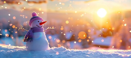 photo of happy smiling snowman on the winter background with beautiful sunrise, bright colorful scene