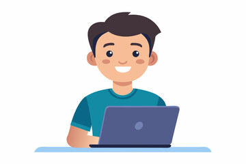 Happy Female freelancer working at laptop with memoji vector illustration