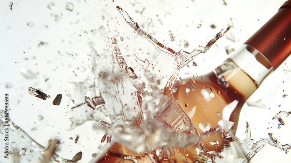 Poster a close-up shot of a wine bottle being splashed with water, perfect for use in food and drink relate