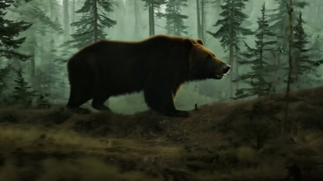 A man is running away from a grizzly bear in the forest.