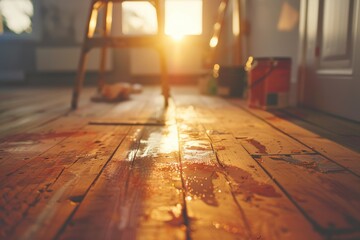 Sunlit Room Under Renovation with Glossy Wooden Floor Reflecting Golden Hour Light