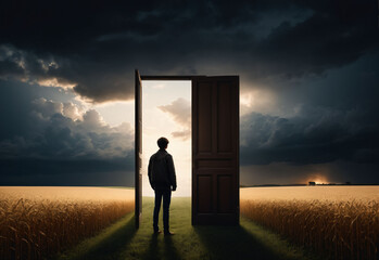 silhouette of a man standing in front of an open door behind which one can see a light full of clouds and sunlight ahead, the concept of the path of life, the choice that every person goes through