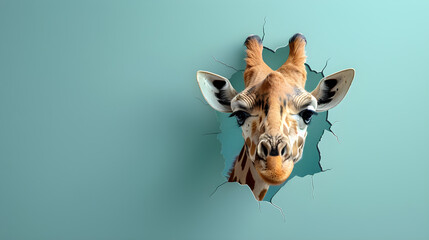 Curious giraffe peeking out of a cracked wall, pastel blue background with copy space for text. Whimsical and playful animal portrait.