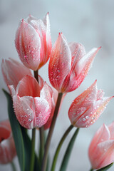 Fototapeta premium rose delicate tulips with water drops on a white background, aesthetic photo