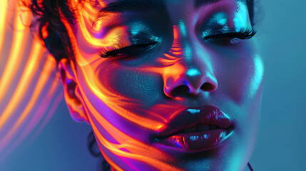 woman with colorful lighting on face, eyes closed, artistic vibe, suitable for contemporary art and fashion themes with copy space