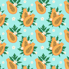 Papaya Collage contemporary floral seamless pattern. Modern exotic jungle fruits and plants illustration in vector.
