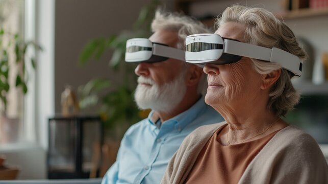 Elderly couple wearing AR glasses experiencing virtual reality at home