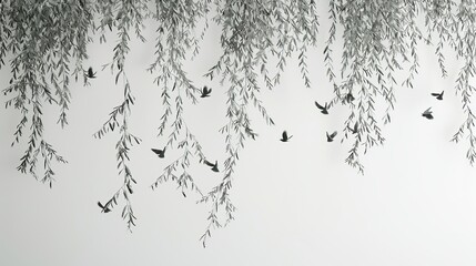 Willow Tree Branches with Birds on White Background - Ideal for Wallpaper and Murals