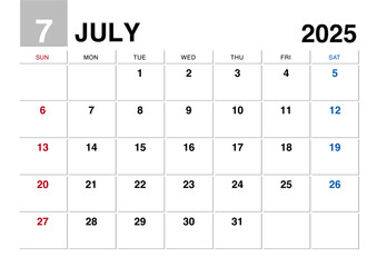 2025年7月のカレンダー日曜始まり日本の祝日表記無し