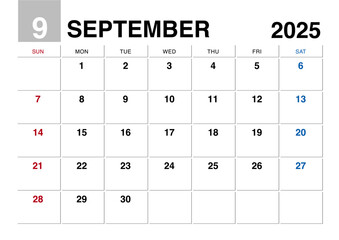 2025年9月のカレンダー日曜始まり日本の祝日表記無し