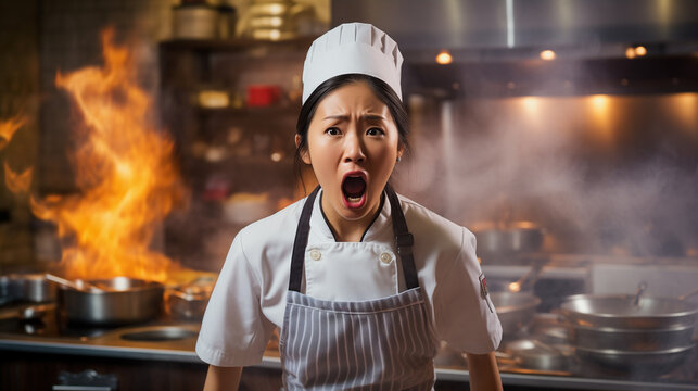 Portrait of an angry screaming Asian female chef in the kitchen, with a fire on the background.