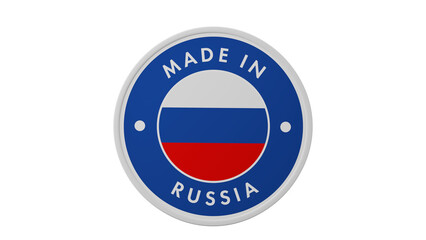 Made in Russia. Circle country flag product label round pinback button banner simple. Transparent backgound. 3d rendered with alpha channel. Round shape.