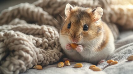 Fototapeta na wymiar A hamster sits on knit blanket, eating piece of corn. Cozy soft bedding backdrop, daily life of pets